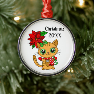 Adorno Metálico Gato Naranja personalizado con poinsettia