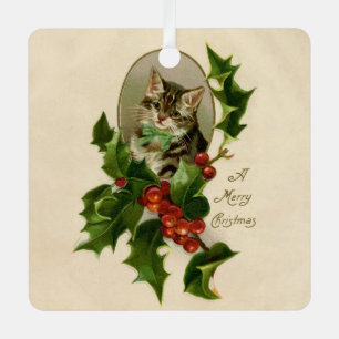 Adorno Metálico Gato Navidades Merry Holly Kitten Arte Antiguo