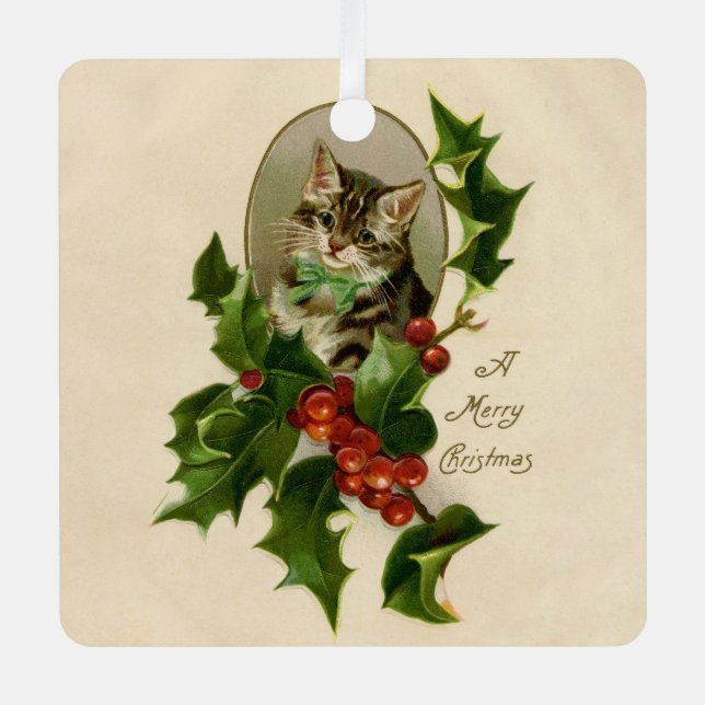 Adorno Metálico Gato Navidades Merry Holly Kitten Arte Antiguo (Anverso)