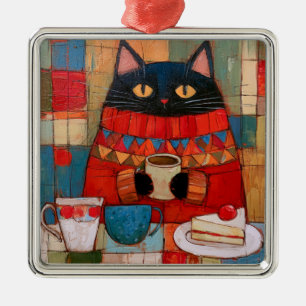 Adorno Metálico Gato negro acogedor bebiendo café en un café