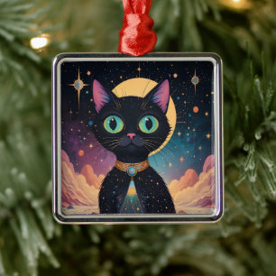 Adorno Metálico Gato negro cósmico futurista atómico en luz de lun