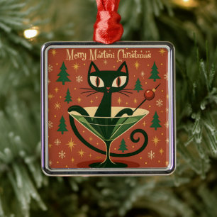 Adorno Metálico Gato Negro de Martini Navideño de Mitad de Siglo