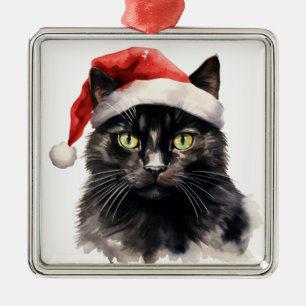 ADORNO METÁLICO GATO NEGRO DE NAVIDAD EN ACUARELA BONITO