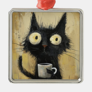 Adorno Metálico Gato negro desaliñado con café sobre marrón grunge