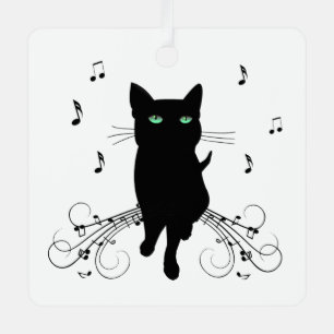 Adorno Metálico Gato negro rodeado de notas susurrantes de música