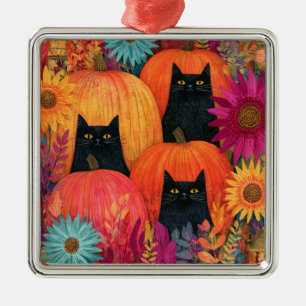 Adorno Metálico Gato negro vigilante Parche de calabaza de otoño
