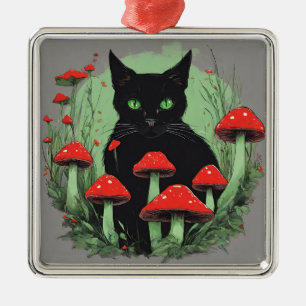 Adorno Metálico Gato negro y hongos salvajes del bosque rojo