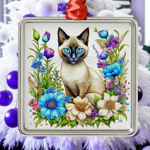 Adorno Metálico Gato siamés de acuarela Ai en flores 