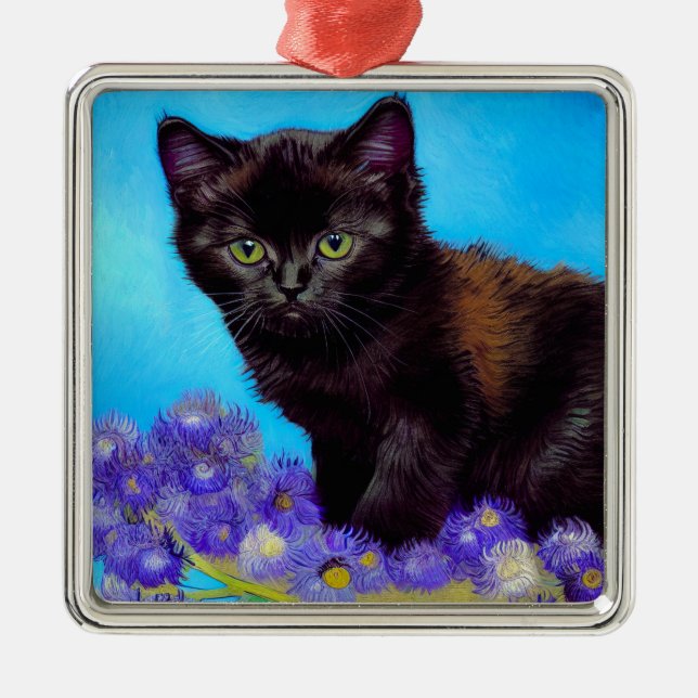 Adorno Metálico Gato Van Gogh y flores (Frente)