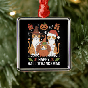Adorno Metálico Gatos Felices Hallothanksmas Halloween Navidad 