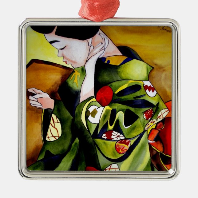 Adorno Metálico Geisha cute con kimono verde arte original (Frente)