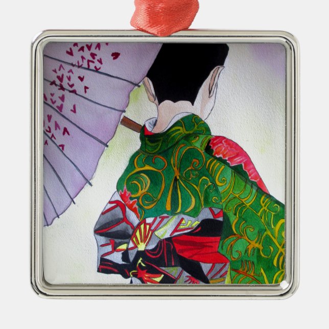Adorno Metálico Geisha japonesa con kimono y paraguas (Frente)
