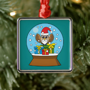 Adorno Metálico Globe de nieve con búho de Santa Claus