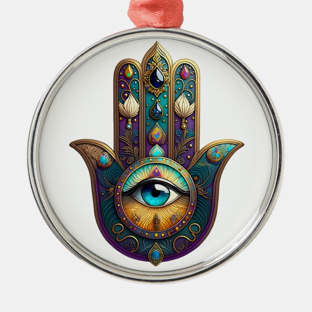 Adorno Metálico Gold Violet Teal Hamsa w/ Turquoise Third Eye (Frente)