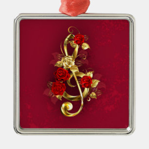 Adorno Metálico Golden Treble Clef con flores Rosas