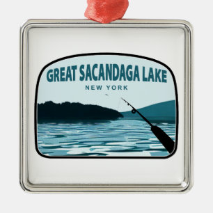Adorno Metálico Gran Lago Sacandaga Nueva York Caña de Pescar