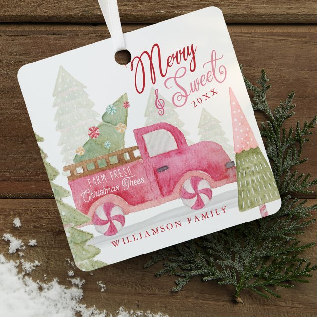 Adorno Metálico Granja Fresco Árboles de Navidad Fotografía de Cam (Farm Fresh Christmas Trees Red Vintage Truck Photo Metal Ornament)