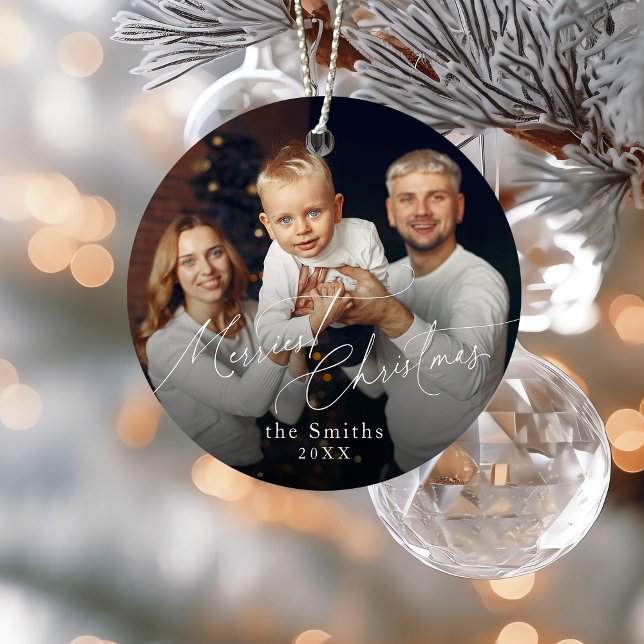 Adorno Metálico Guión moderno Feliz Navidad Fiesta (Modern script Merriest Christmas Holiday Metal Ornament)