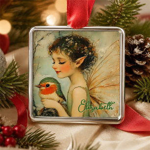 Adorno Metálico Hada de Navidad Vintage Personalizada con Petirroj