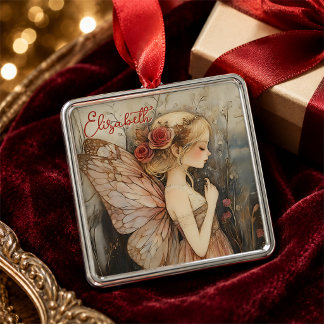 Adorno Metálico Hada personalizada de Navidad vintage con rosas  
