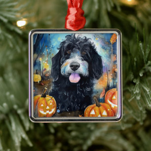 Adorno Metálico Halloween Bernedoodle Con Calabazas Asustadas