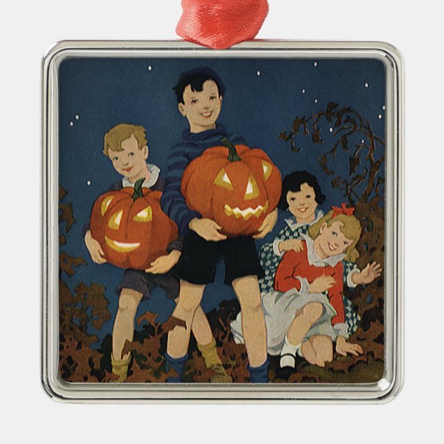 Adorno Metálico Halloween vintage, niños con calabazas (Frente)
