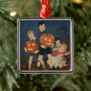 Adorno Metálico Halloween vintage, niños sosteniendo calabazas