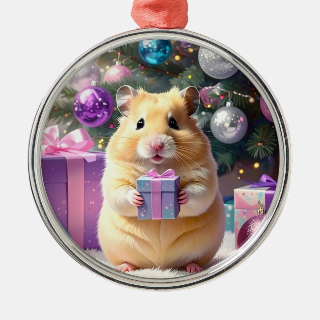 Adorno Metálico Hamster con Navidades de regalo (Frente)