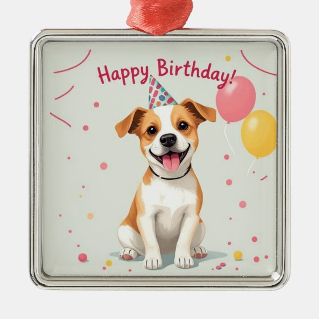 Adorno Metálico Happy Birthday Dog with Party Hat & Balloons (Frente)