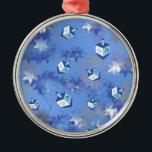 Adorno Metálico Happy Hanukkah Falling Star and Dreidels<br><div class="desc">You are viewing The Lee Hiller Design Collection. Apparel,  Gifts & Collectibles Lee Hiller Photography or Digital Art Collection. You can view her Nature photography at http://HikeOurPlanet.com/ and follow her hiking blog within Hot Springs National Park.</div>
