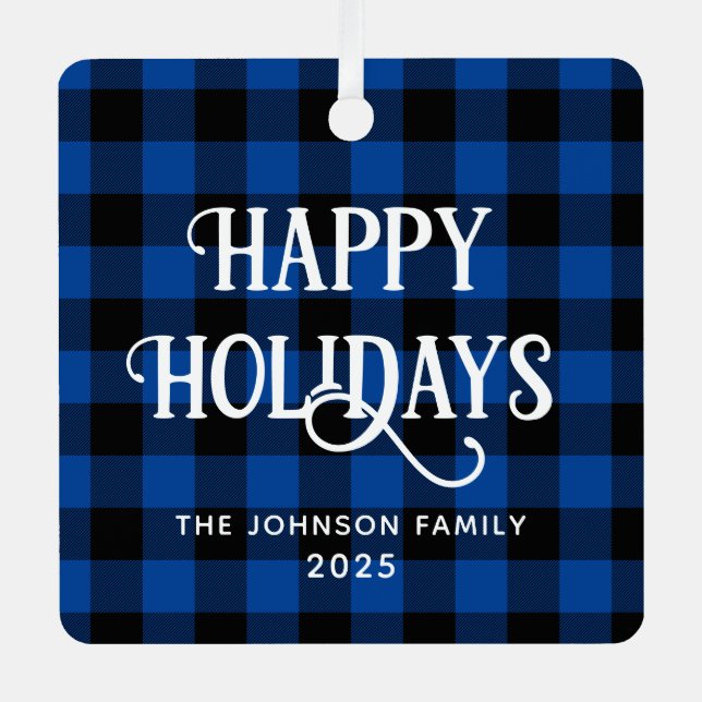 Adorno Metálico Happy Holidays Blue Buffalo Plaid Family Photo (Anverso)