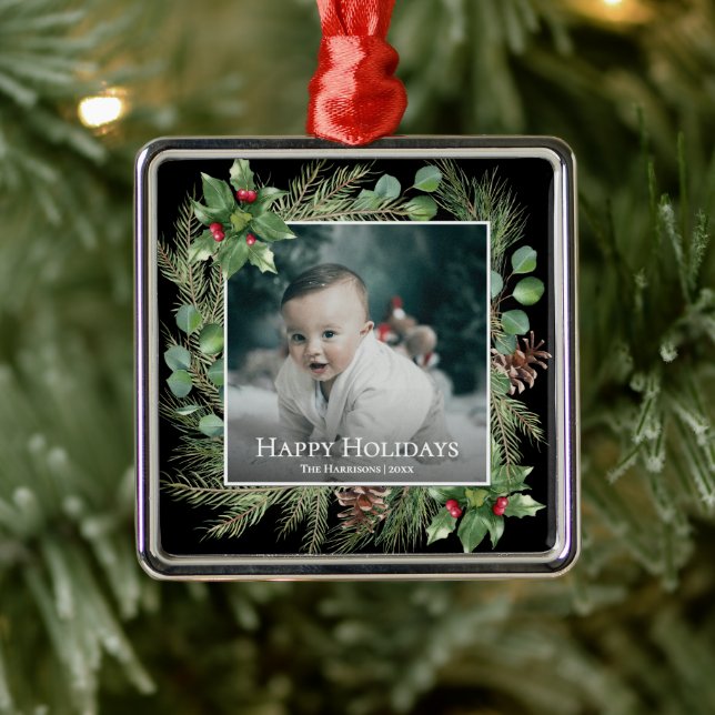 Adorno Metálico Happy Holidays Photo Wreath Botanical Christmas (Árbol)
