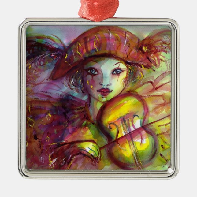 Adorno Metálico HARLEQUIN JUGANDO A VIOLÍN Mascarada Veneciana (Frente)