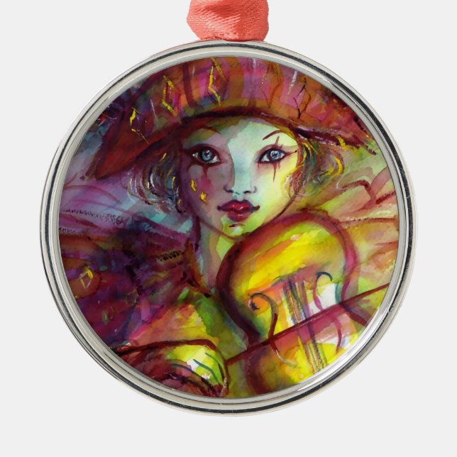 Adorno Metálico HARLEQUIN JUGANDO A VIOLÍN Mascarada Veneciana (Frente)