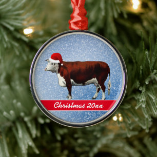 Adorno Metálico Hereford Cow y Santa Hat