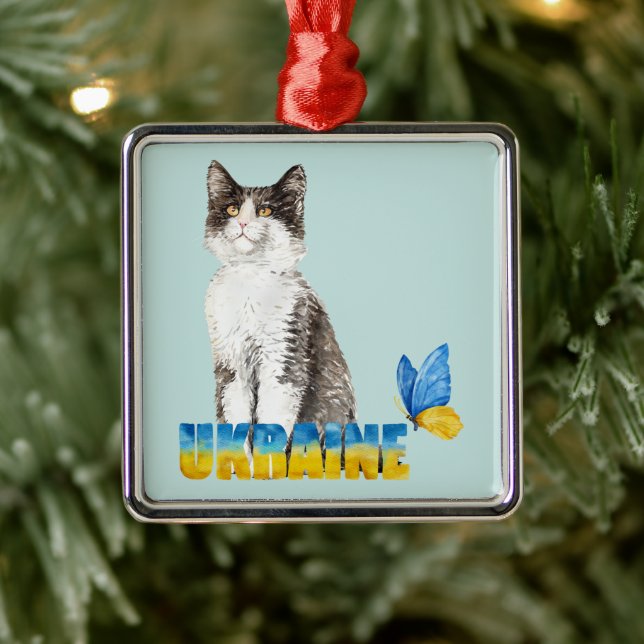 Adorno Metálico Hermosa acuarela Ucrania gato y mariposa (Árbol)