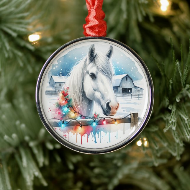 Adorno Metálico Hermoso caballo blanco en Navidades de granjas (Árbol)
