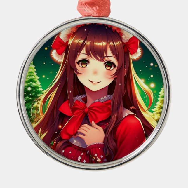Adorno Metálico Hermoso Chica anime en Navidades rojos (Frente)