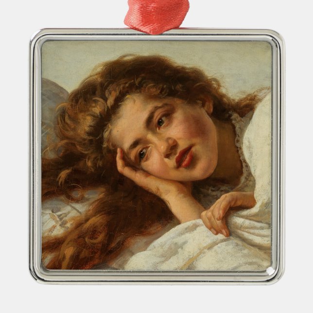 Adorno Metálico Hermoso Chica en cama con pelo rojo (Frente)