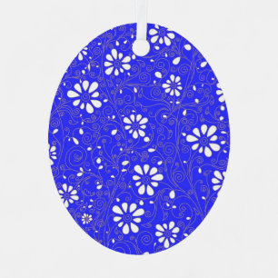 Adorno Metálico Hermoso patrón de flores clásico azul blanco