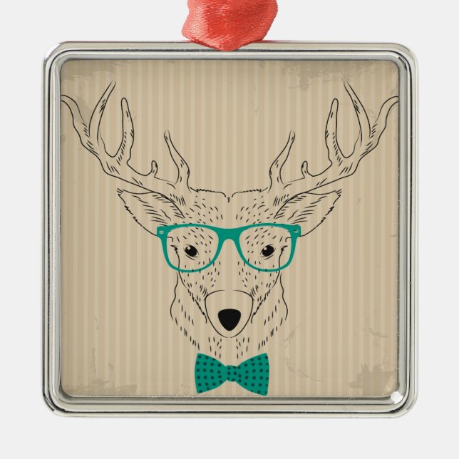 Adorno Metálico Hipster Reindeer Elk con lentes Navidades gruñidos (Frente)