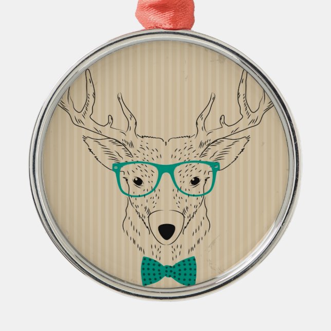 Adorno Metálico Hipster Reindeer Elk con lentes Navidades gruñidos (Frente)