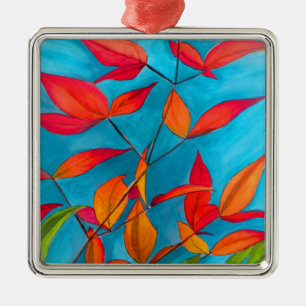 Adorno Metálico Hojas anaranjadas Arte original acuarela de otoño