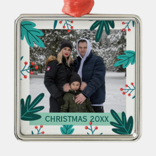 Adorno Metálico Hojas y Bayas Modernas Navidad Foto Personalizada