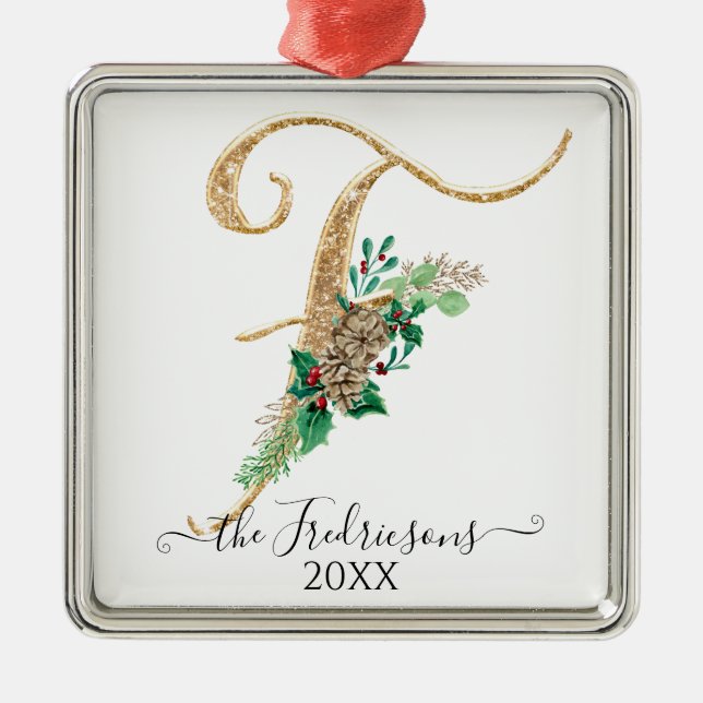 Adorno Metálico Holly Pine Cone Navidades Purpurina de oro Monogra (Frente)