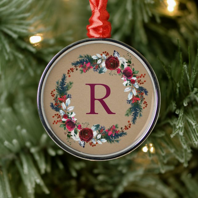 Adorno Metálico Holly y los Navidades de pino usan monograma (Árbol)