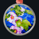 Adorno Metálico Hollyhocks<br><div class="desc">hollyhock romántico original con una pequeña pintura acuarela de abejas con burbujas de H Cooper</div>
