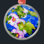 Adorno Metálico Hollyhocks<br><div class="desc">hollyhock romántico original con una pequeña pintura acuarela de abejas con burbujas de H Cooper</div>