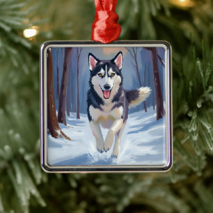 Adorno Metálico Husky Siberiano   Pintura de Perro Invierno