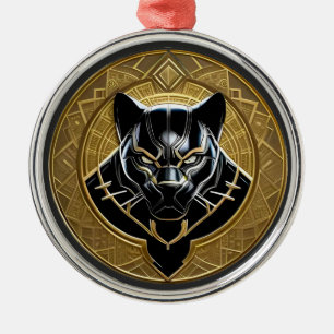 Adorno Metálico Icono de Pantera Negra con Fondo Geométrico Dorado